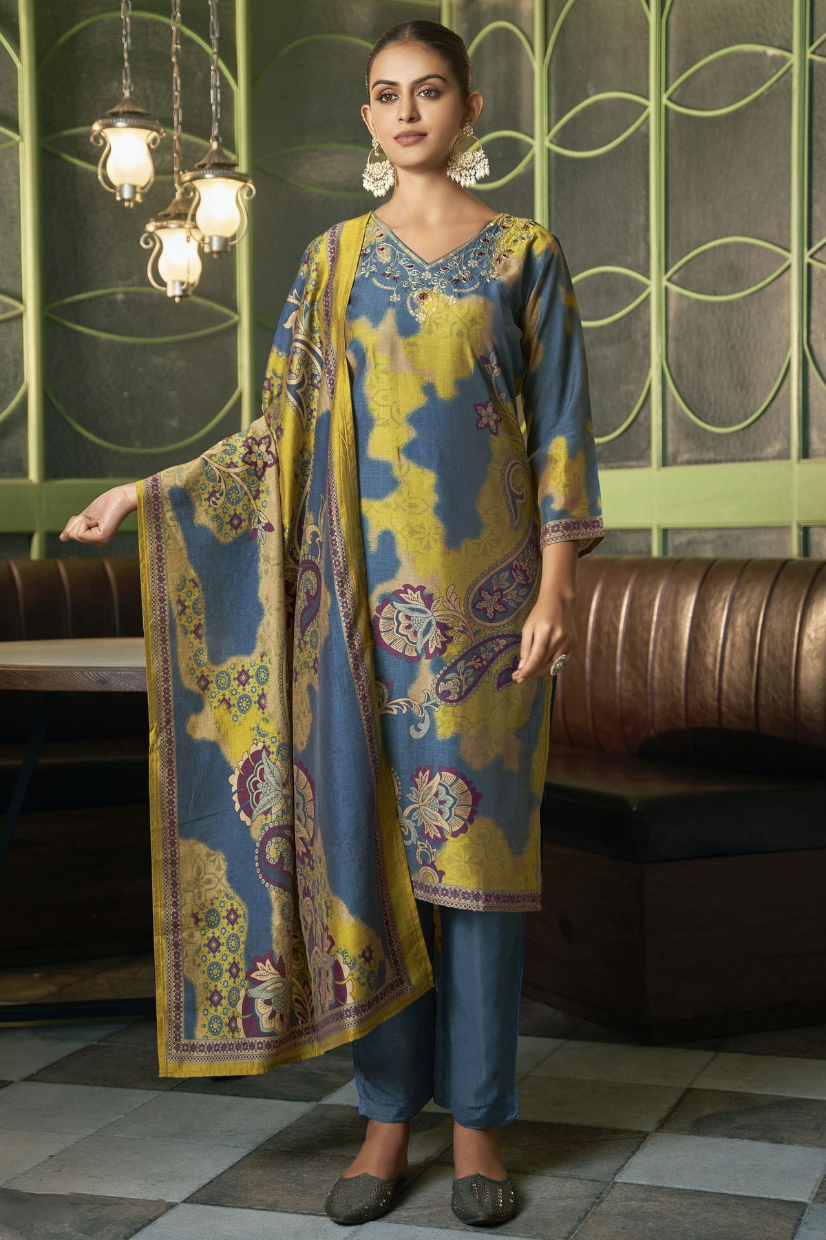 Blue Colour Viscose Silk Stitched Suit