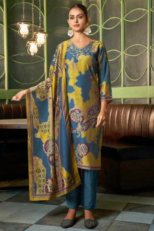 Blue Colour Viscose Silk Stitched Suit