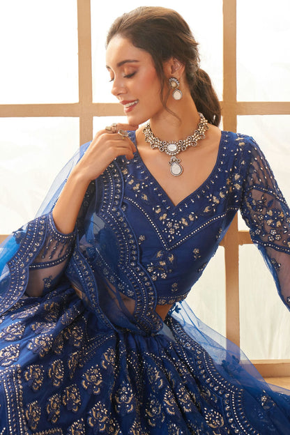 Blue Embroidery Net and SilK Lehenga Choli