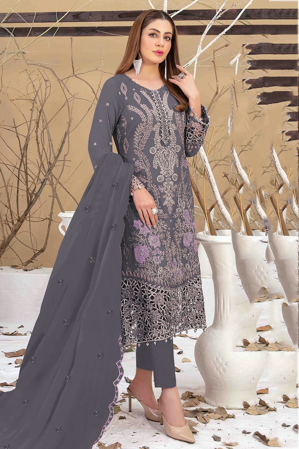 Blue Grey Colour Semi Stitched Faux Georgette Pakistani Suit