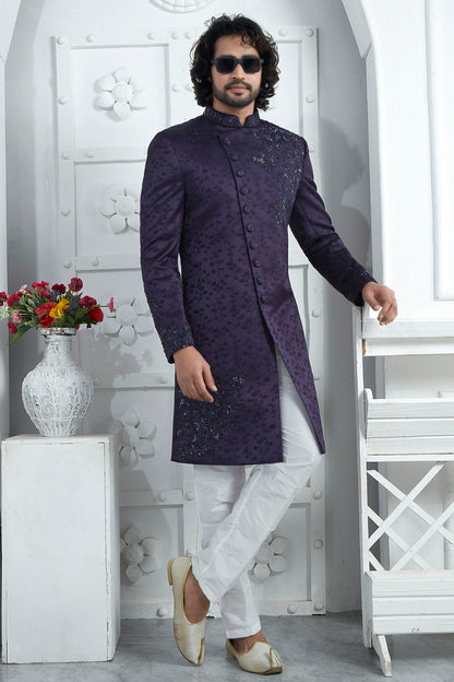 Blue Purple Colour Art Silk Sherwani With Aligadhi Pant VSSH1230084