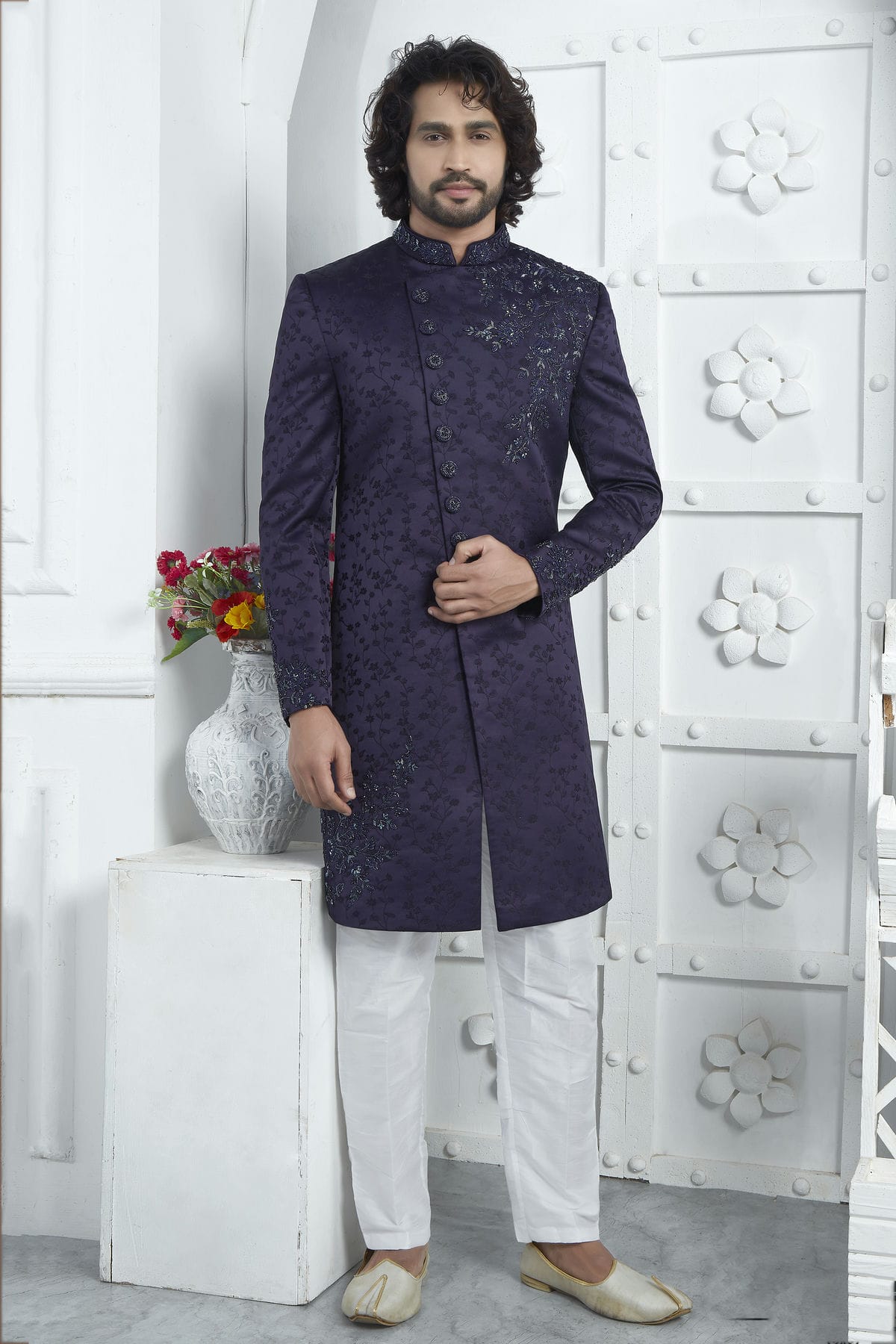 Blue Purple Colour Art Silk Sherwani With Aligadhi Pant