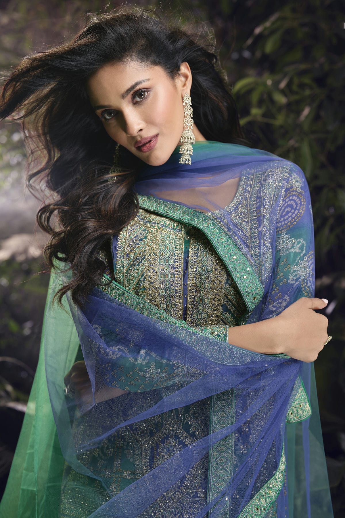 Blue and Green Colour Chinon Silk Palazzo Pant Suit VSSM1140631