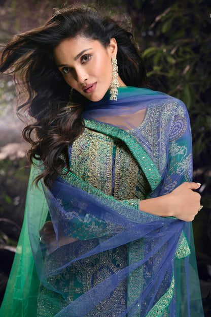 Blue and Green Colour Chinon Silk Palazzo Pant Suit VSSM1140631