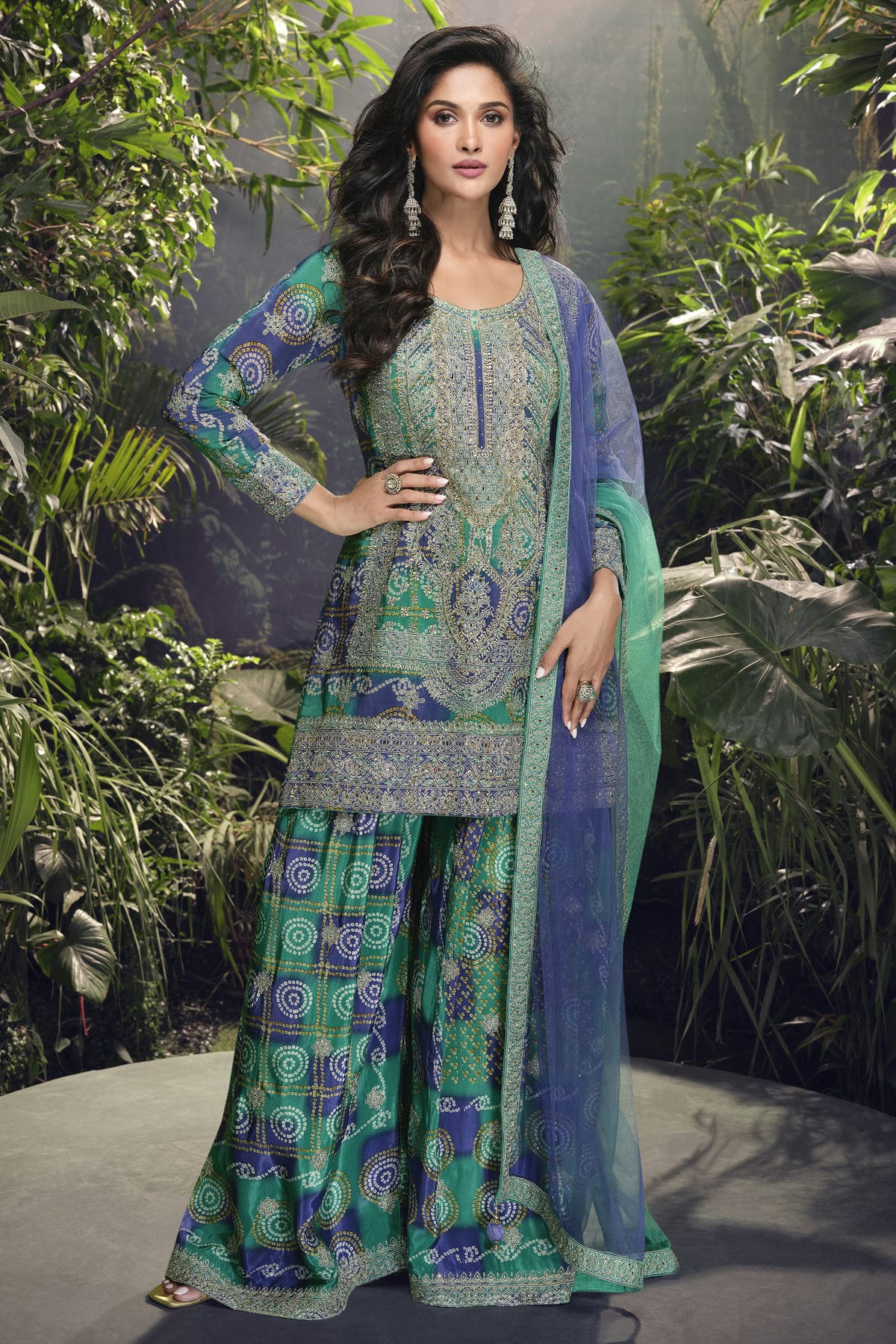 Blue and Green Colour Chinon Silk Palazzo Pant Suit