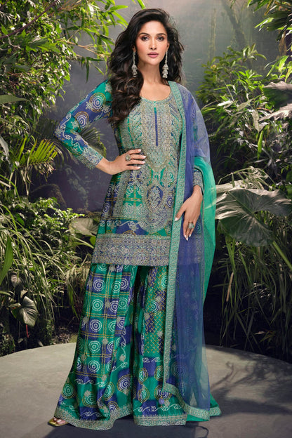 Blue and Green Colour Chinon Silk Palazzo Pant Suit