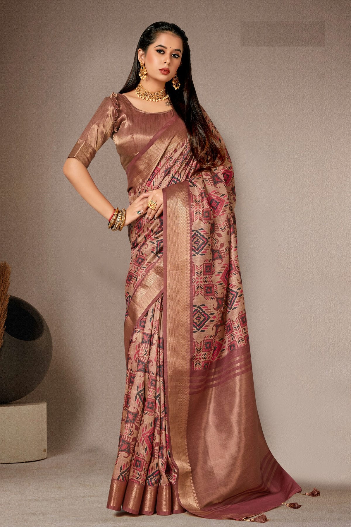 Brown Colour Bhagalpuri Silk Printed Saree