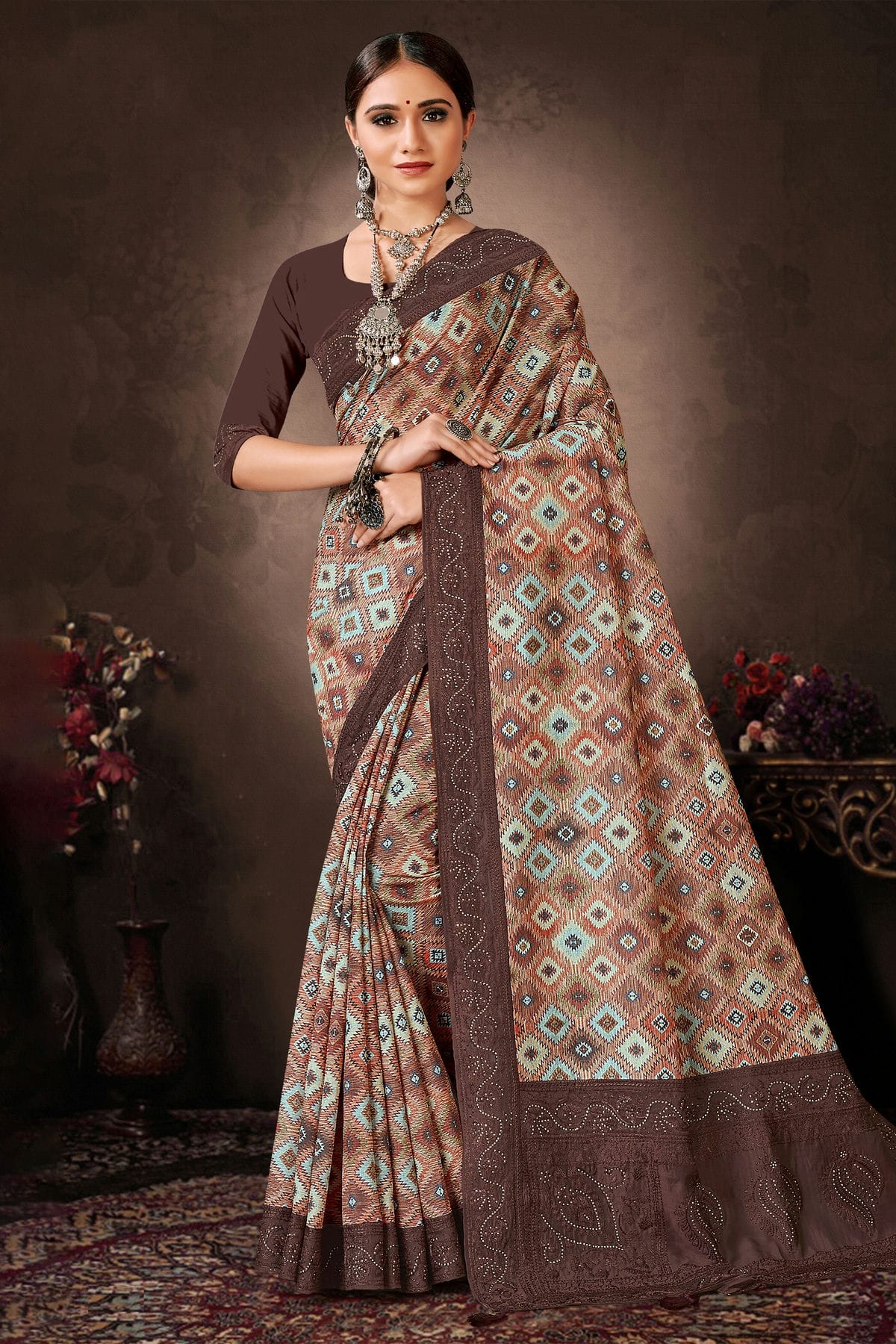 Brown Colour Chanderi Silk Printed Saree