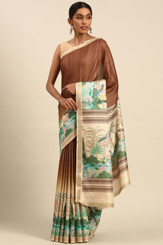 Brown Colour Cotton Digital Printed Printed Saree