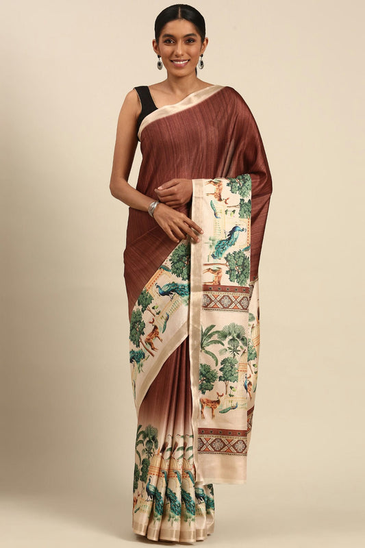 Brown Colour Cotton Digital Printed Printed Saree