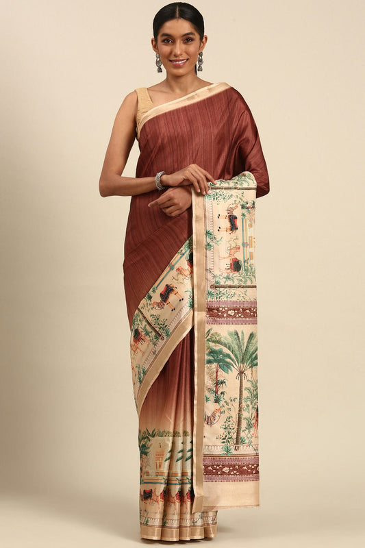 Brown Colour Cotton Digital Printed Printed Saree