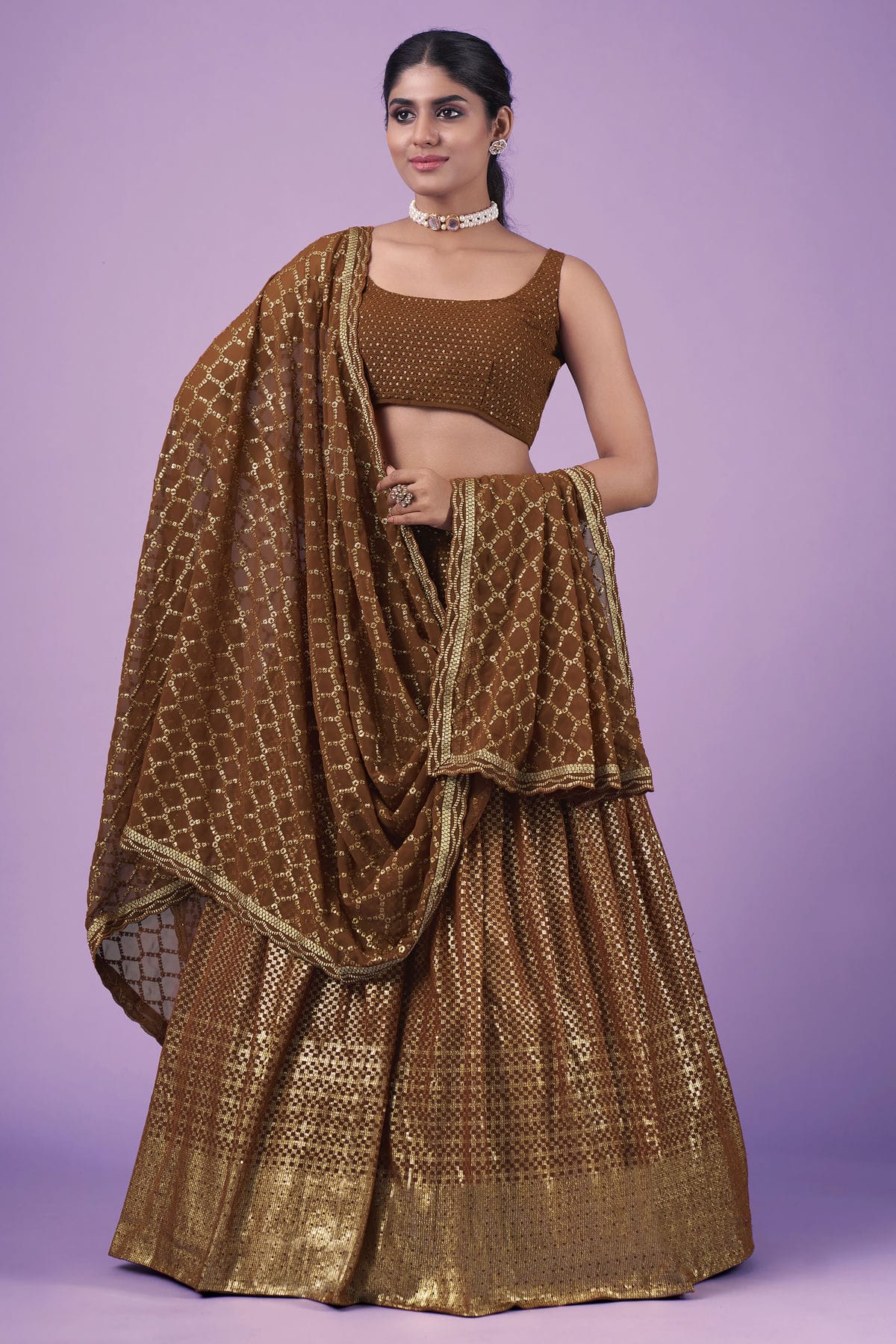 Brown Colour Embroidery Georgette Lehenga Choli