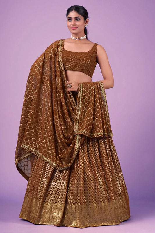 Brown Colour Embroidery Georgette Lehenga Choli