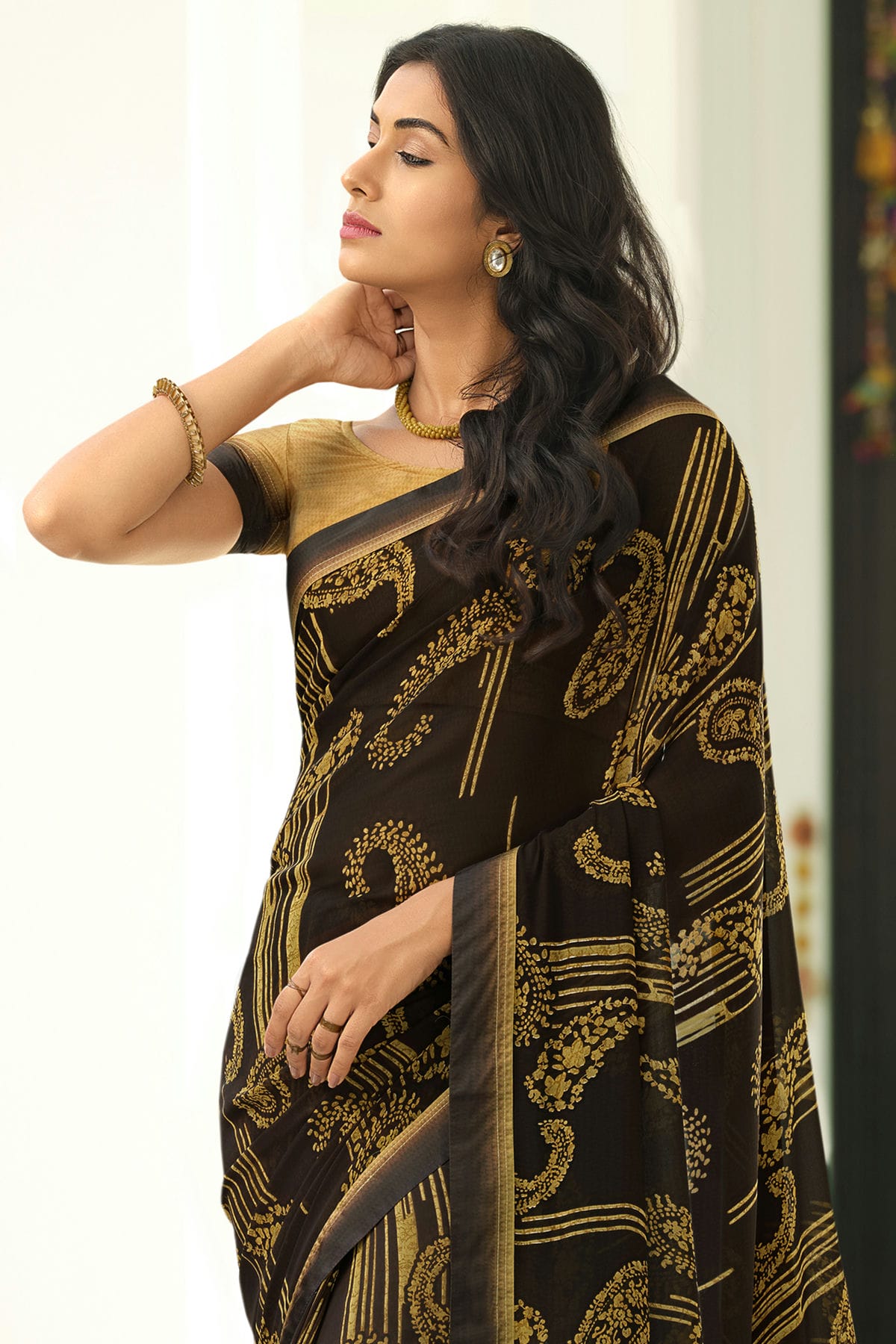 Brown Colour Georgette Printed Saree