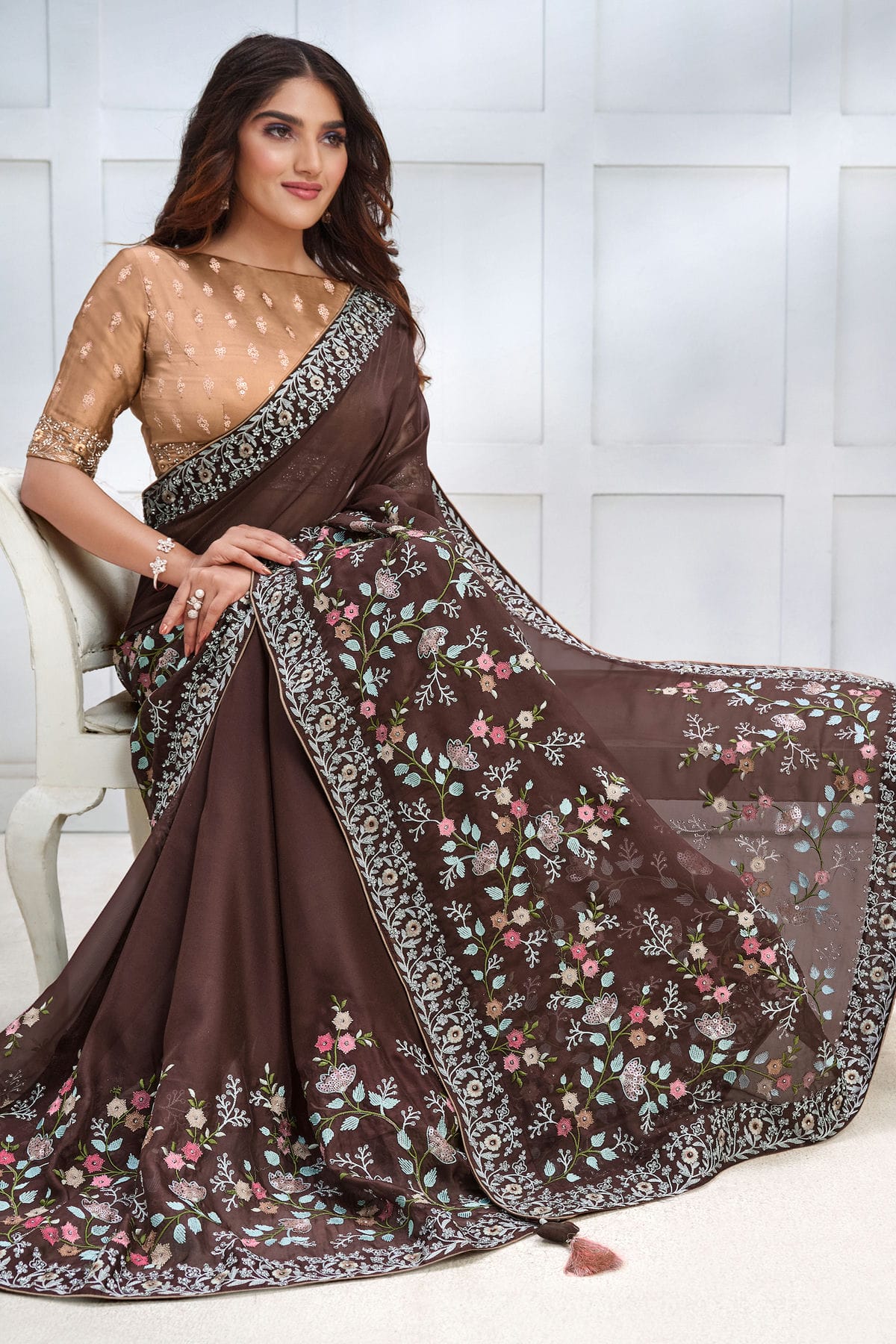 Brown Colour Georgette Silk Designer Saree