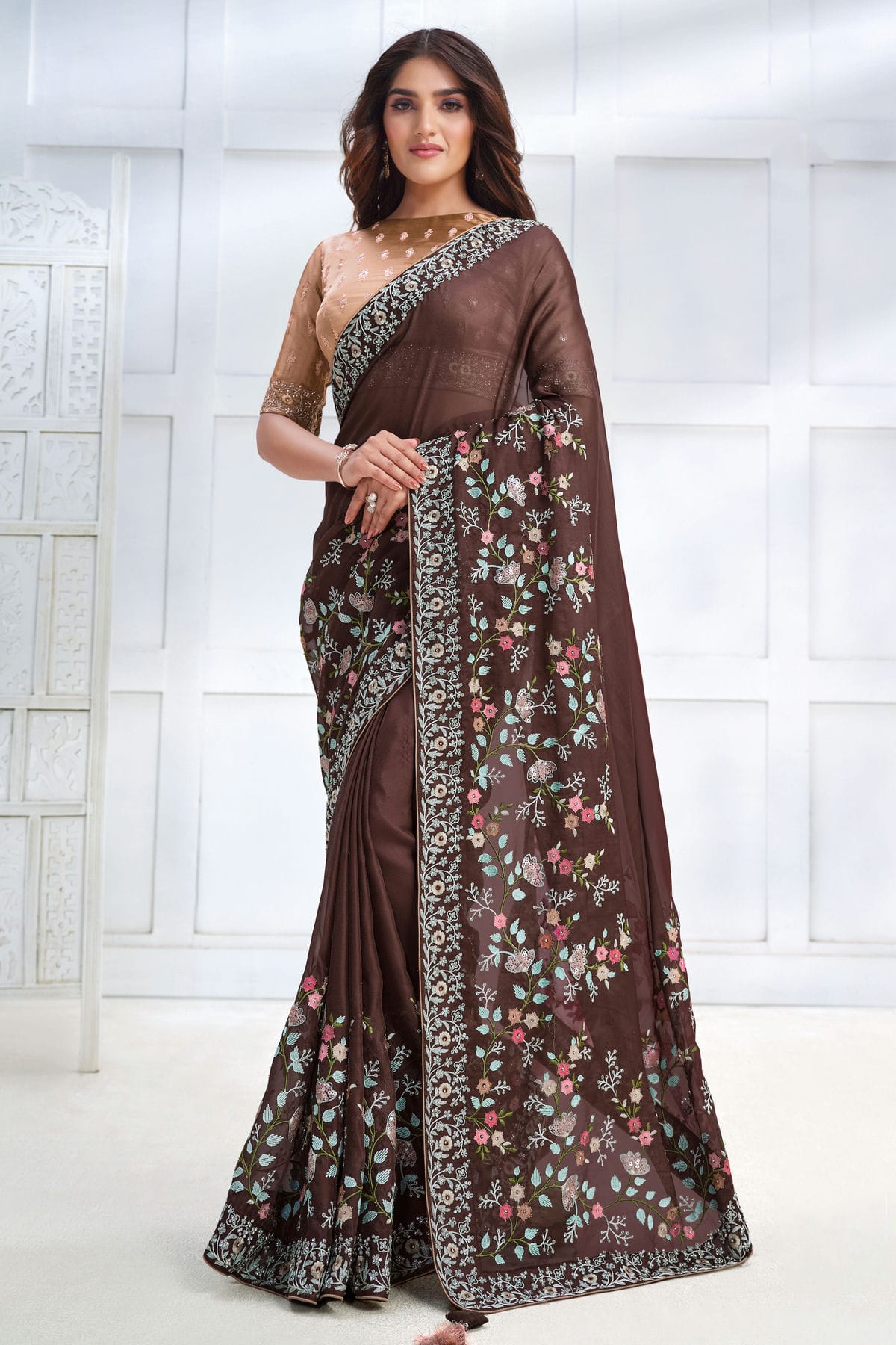 Brown Colour Georgette Silk Designer Saree