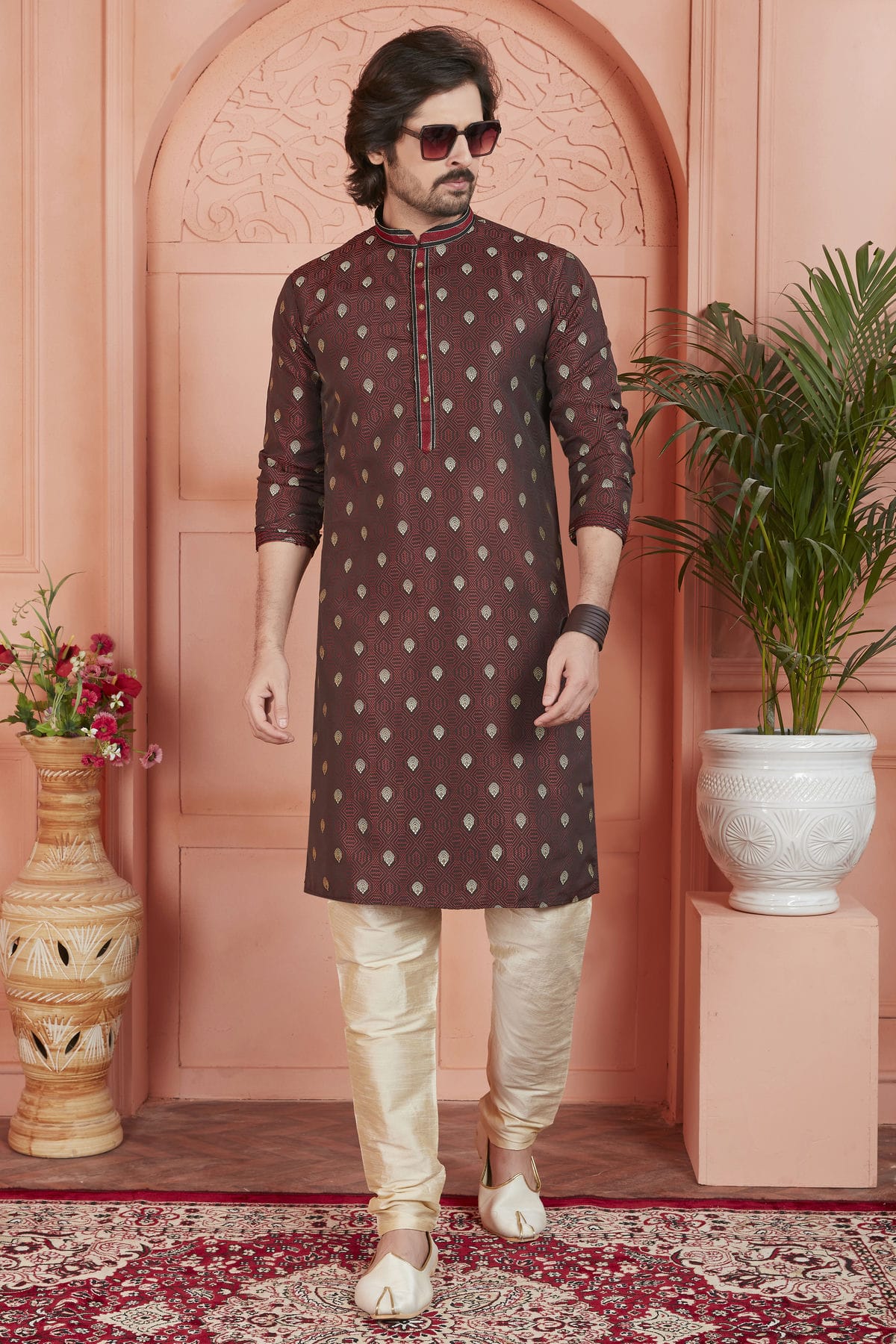 Brown Colour Jacquard Silk Brocade Kurta Pajama