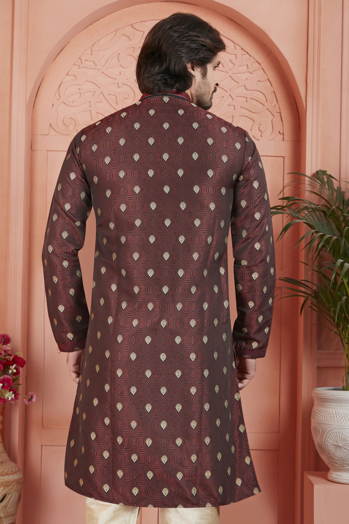 Brown Colour Jacquard Silk Brocade Kurta Pajama