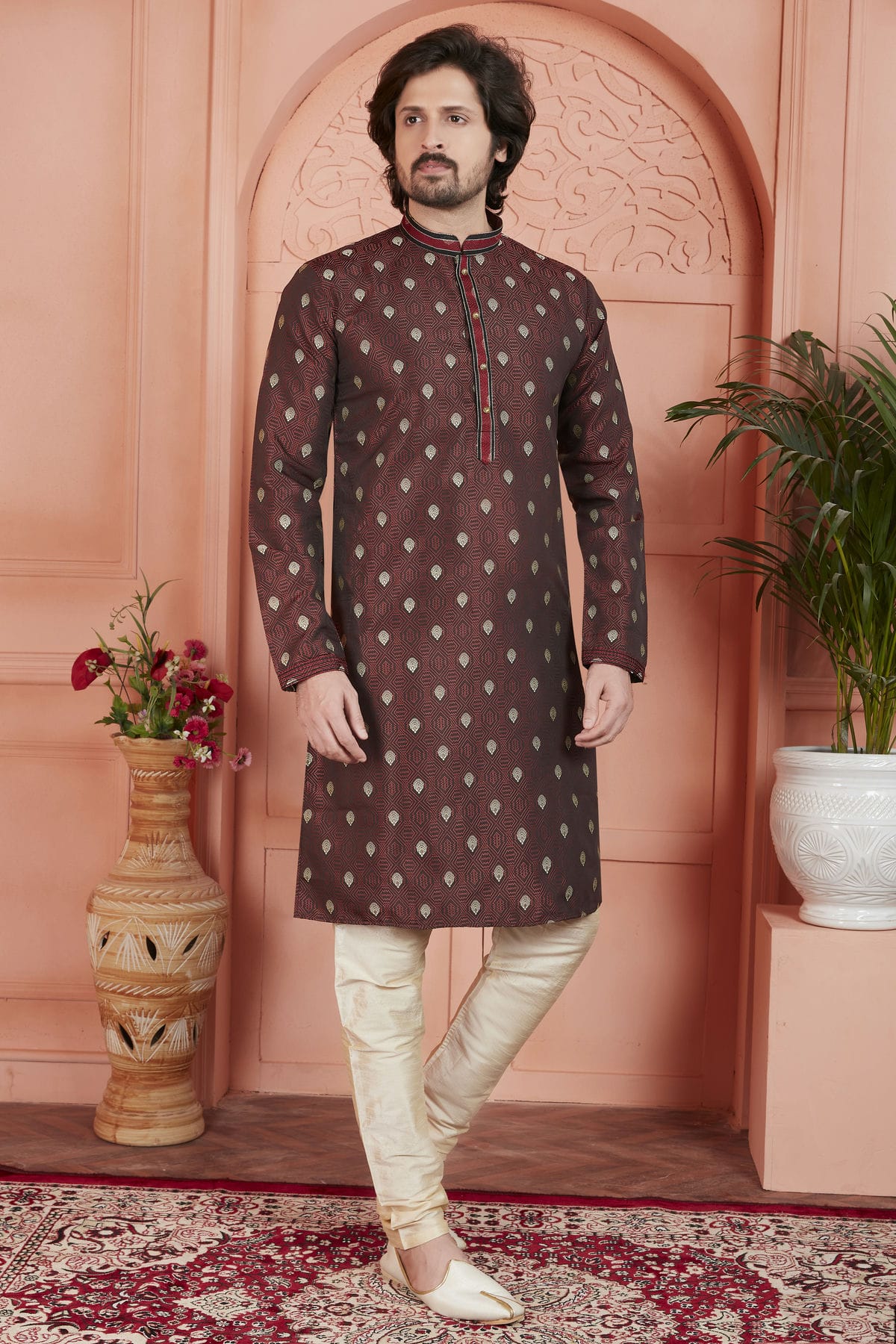 Brown Colour Jacquard Silk Brocade Kurta Pajama