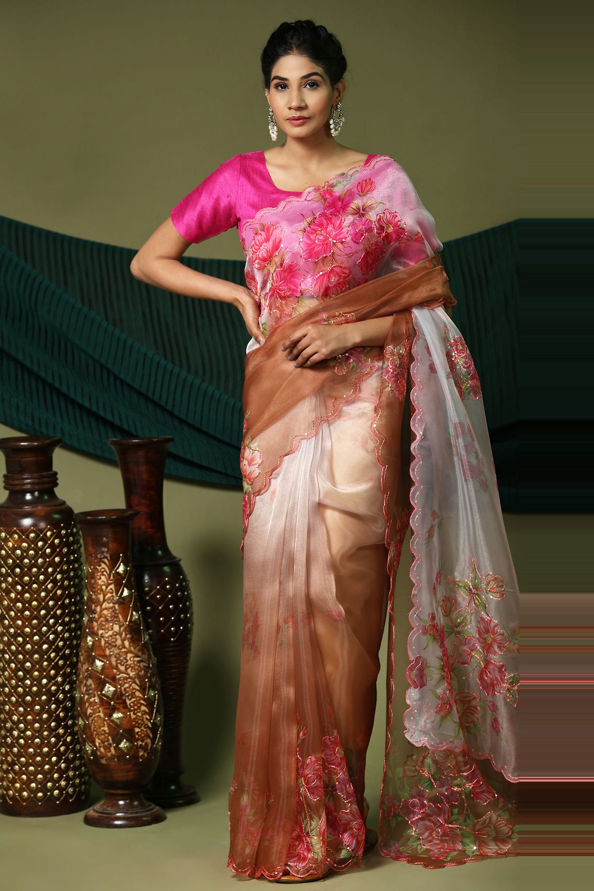 Brown Colour Organza Saree