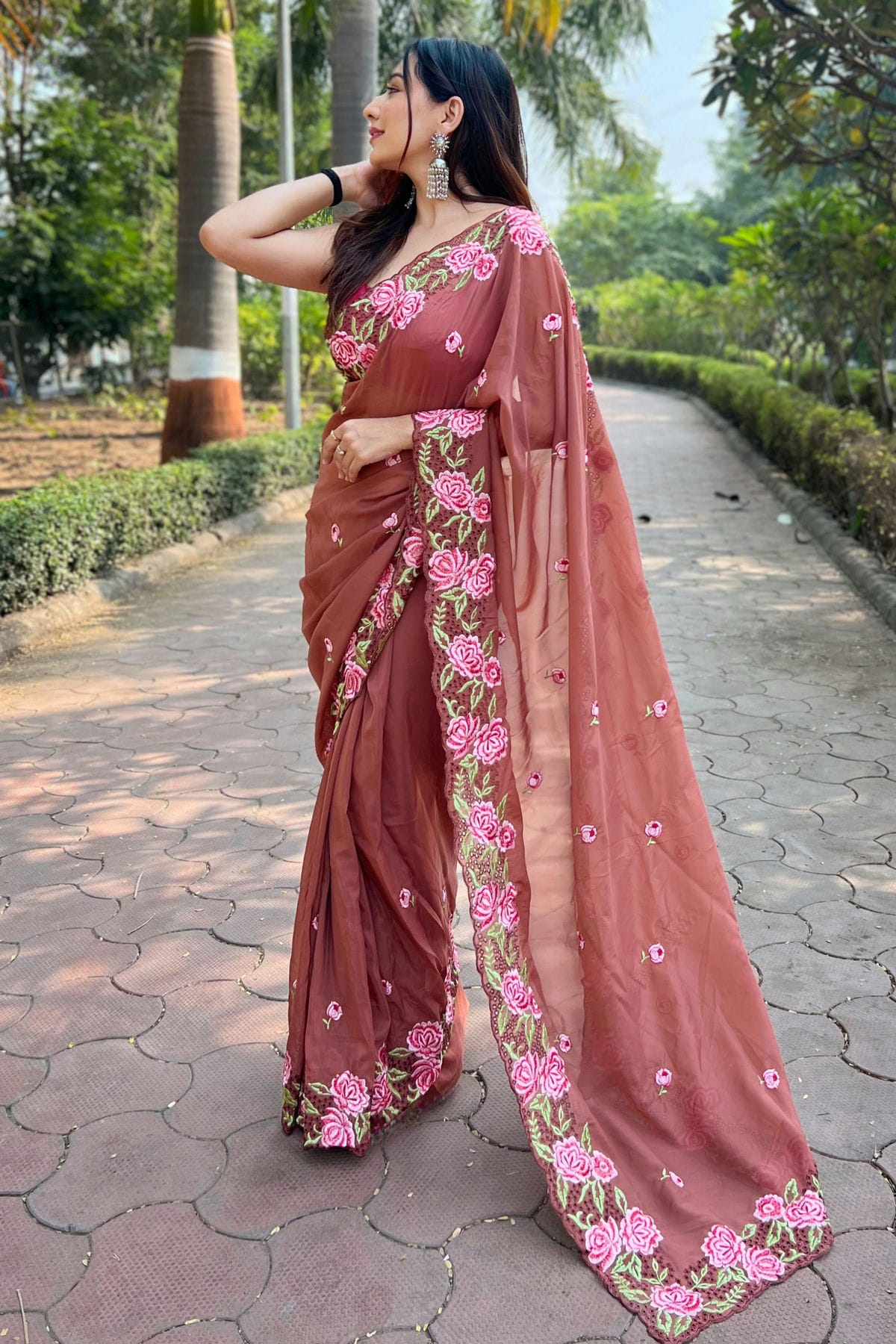 Brown Colour Organza Saree