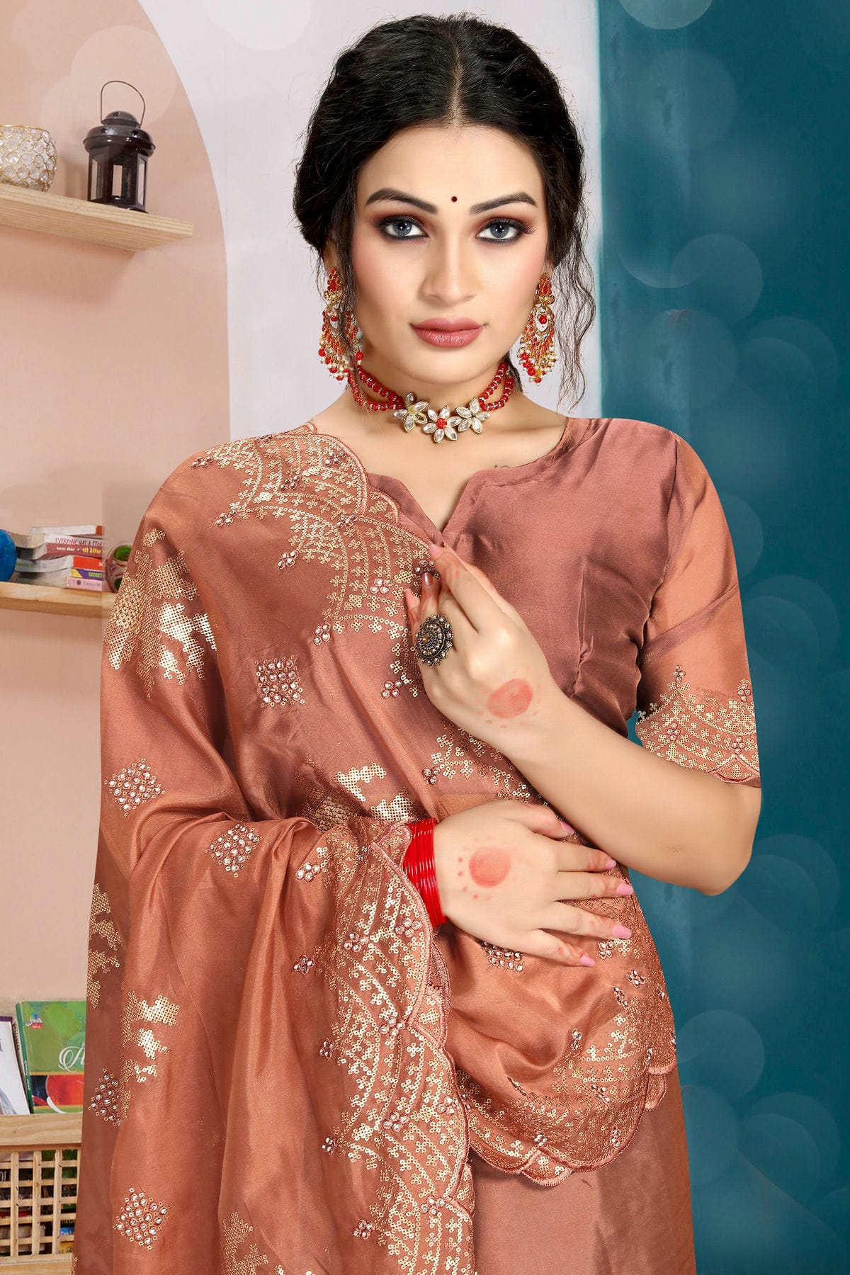 Brown Colour Organza Silk Designer Saree