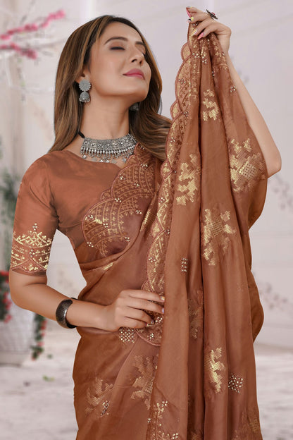 Brown Colour Organza Silk Designer Saree