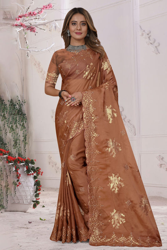 Brown Colour Organza Silk Designer Saree