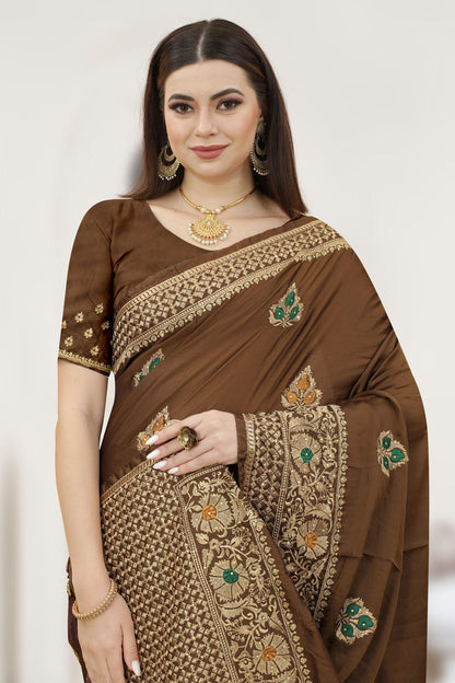 Brown Colour Satin Silk Designer Saree