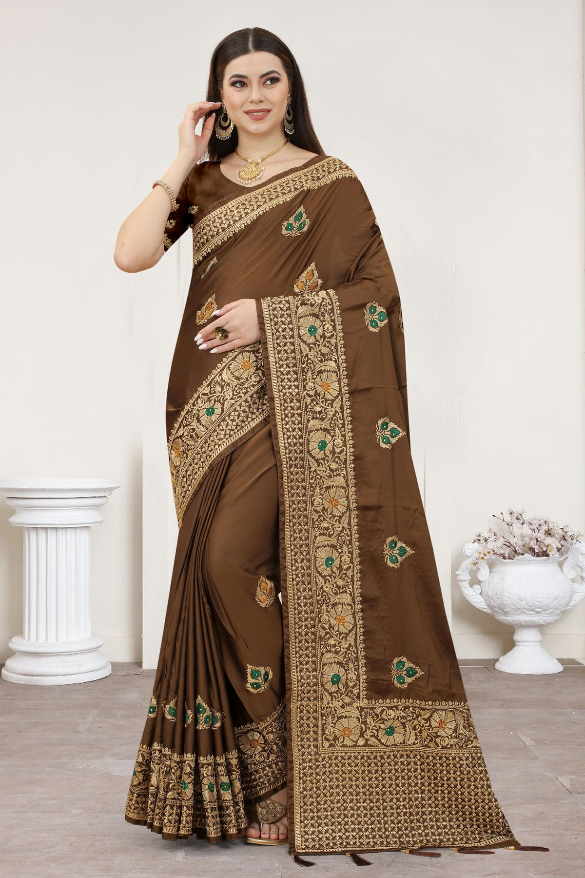 Brown Colour Satin Silk Designer Saree