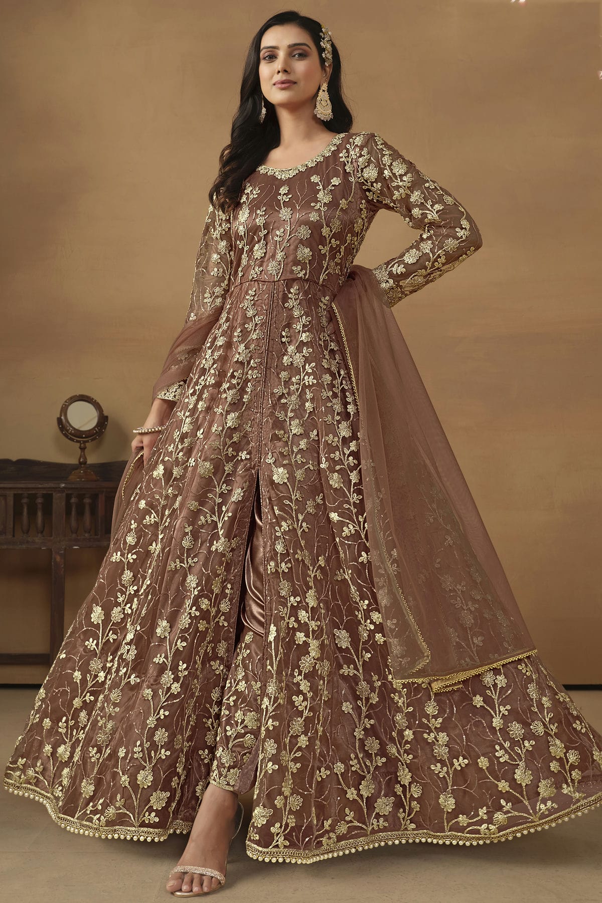 Brown Colour Semi Stitched Net Pant Style Suit