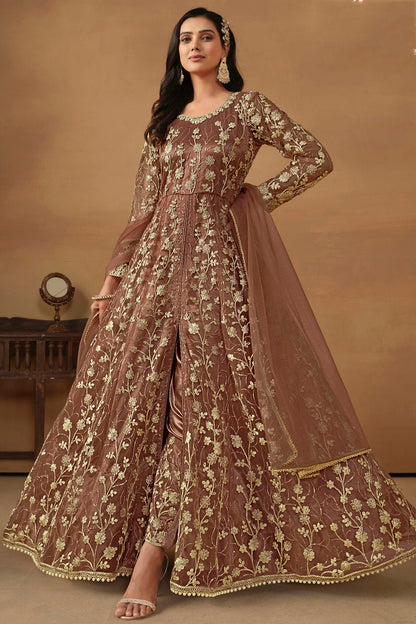 Brown Colour Semi Stitched Net Pant Style Suit