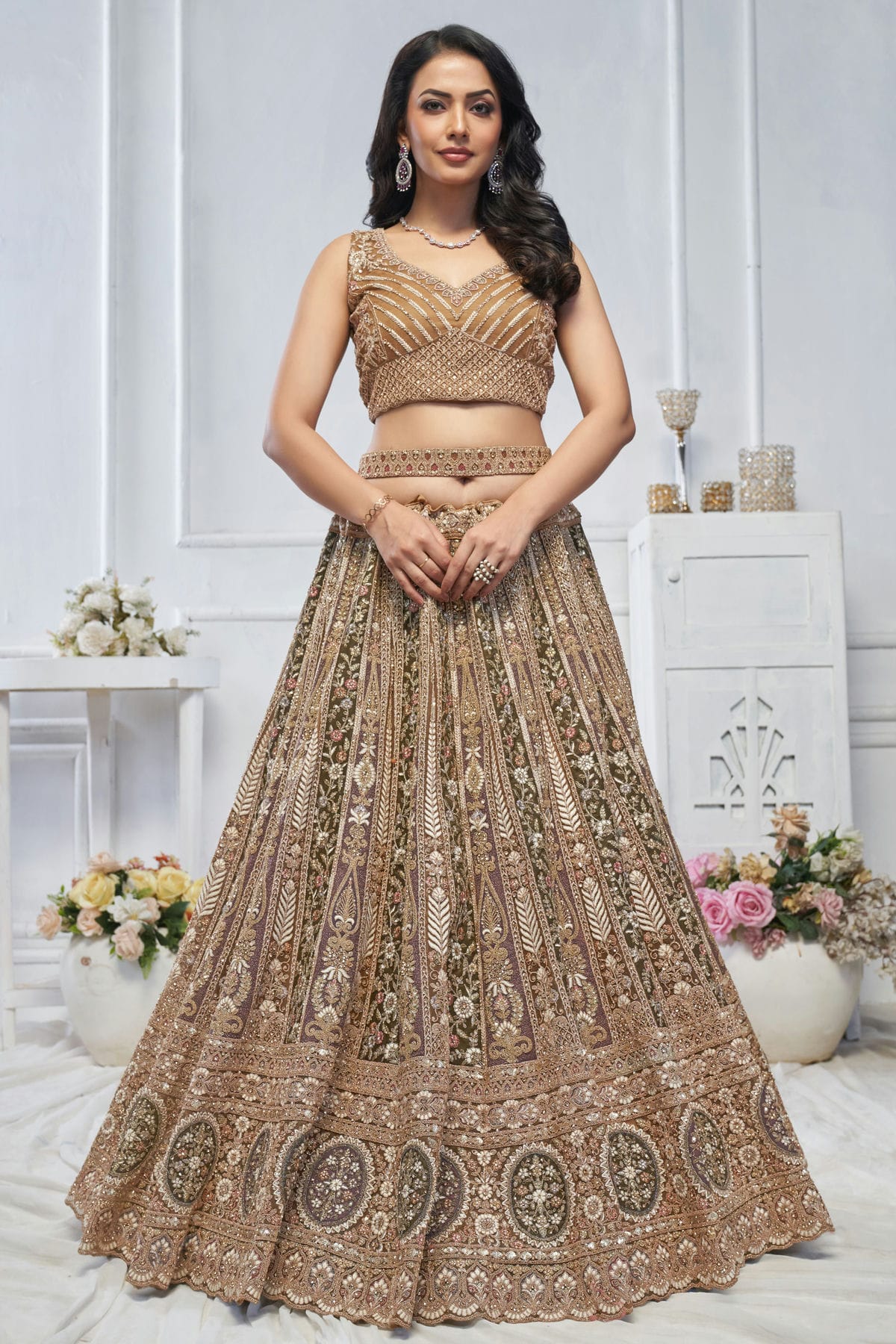 Brown Colour Soft Net Embroidery Lehenga Choli VSLC1111360