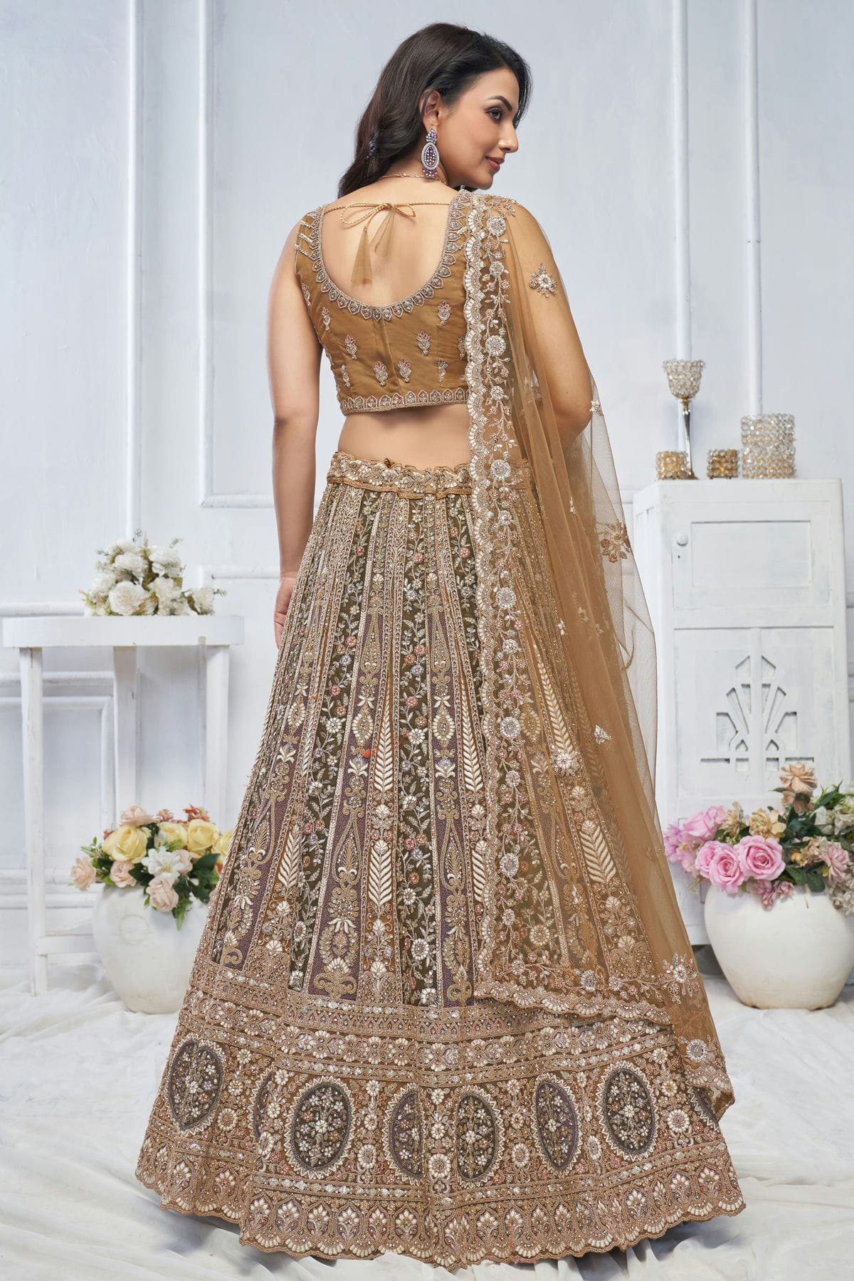 Brown Colour Soft Net Embroidery Lehenga Choli VSLC1111360