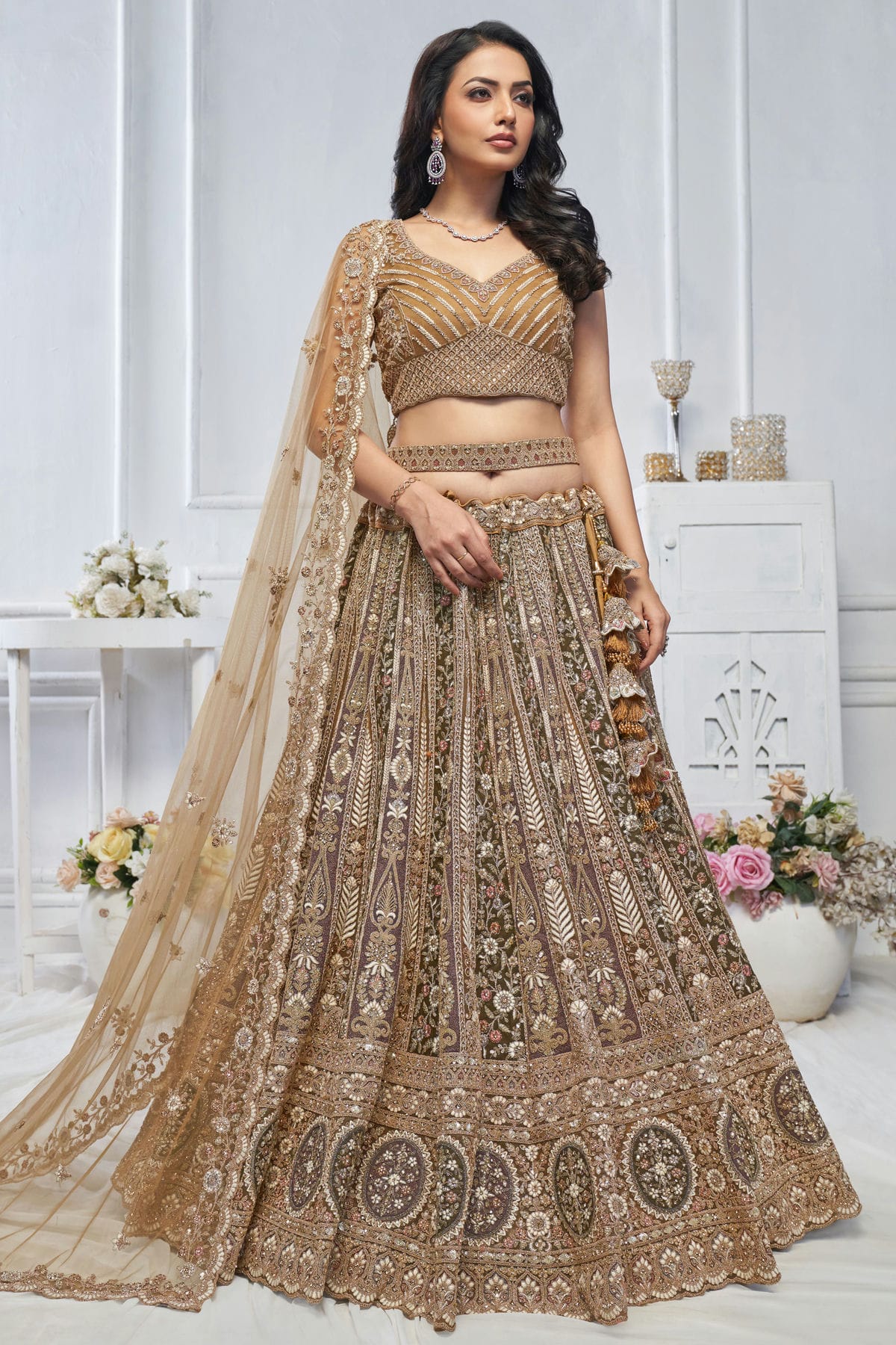 Brown Colour Soft Net Embroidery Lehenga Choli