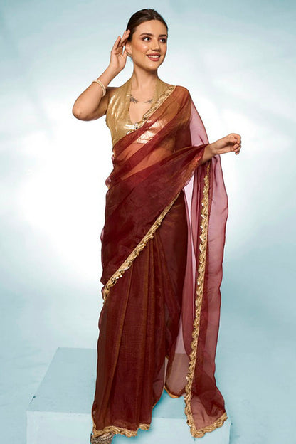 Brown Colour Tissue Designer Saree