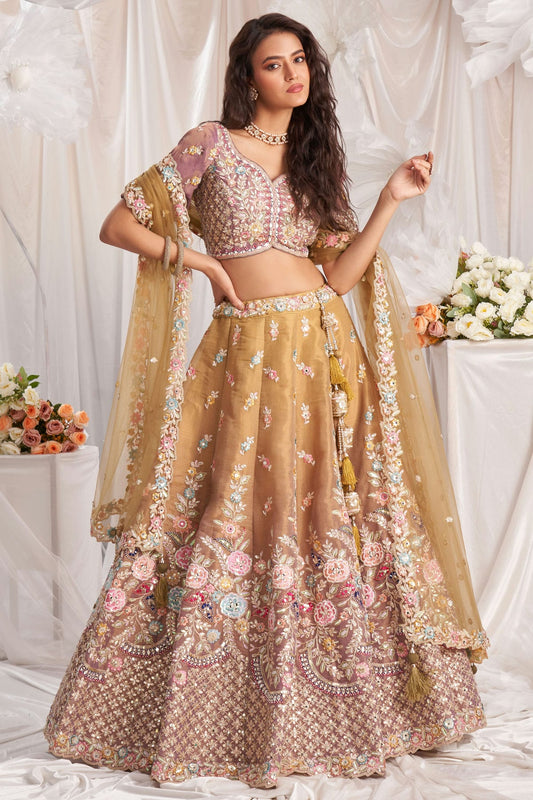 Brown Colour Tissue Embroidery Lehenga Choli