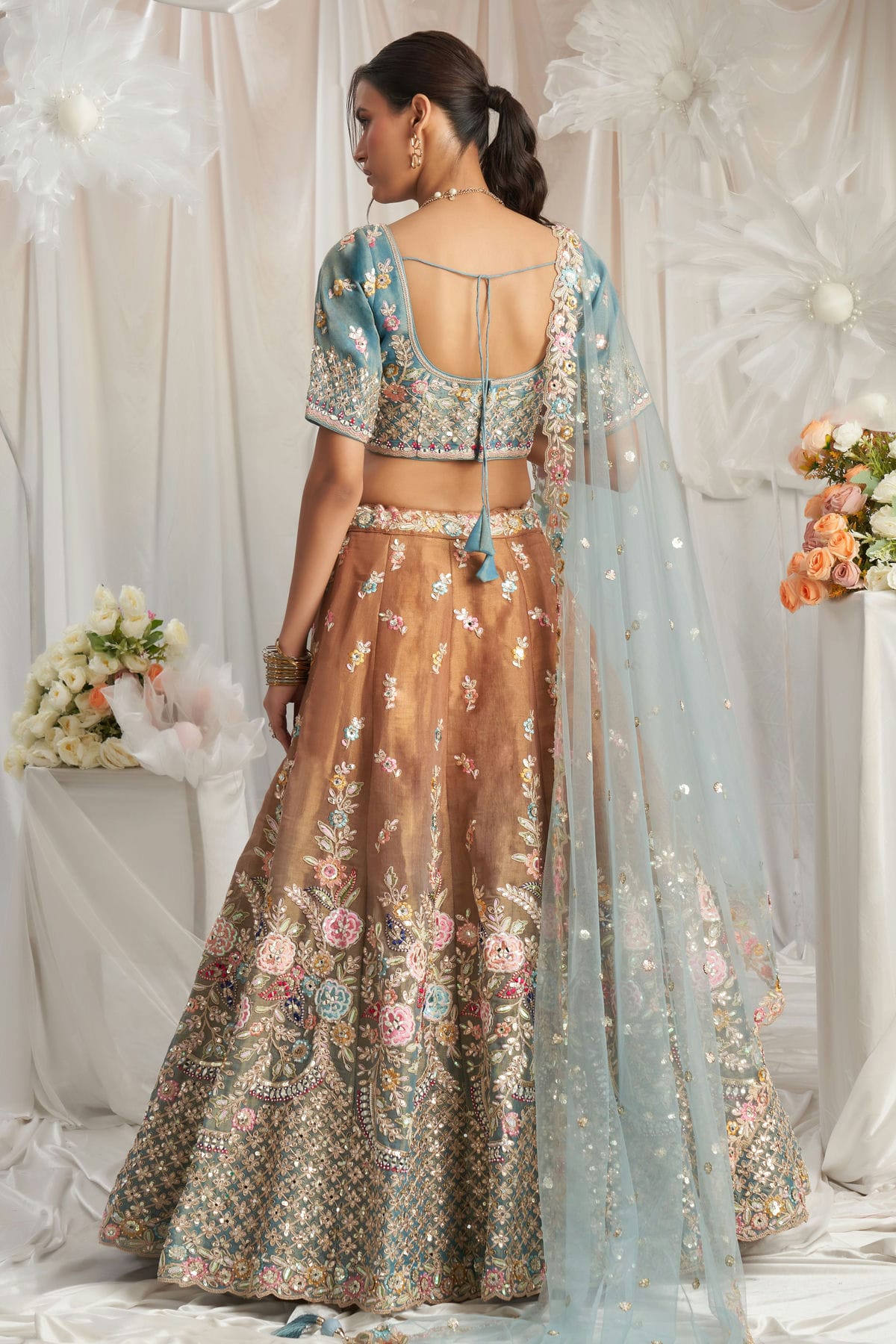 Brown Colour Tissue Embroidery Lehenga Choli