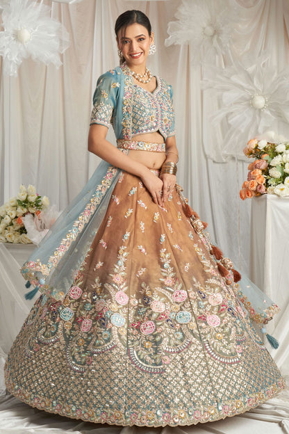 Brown Colour Tissue Embroidery Lehenga Choli