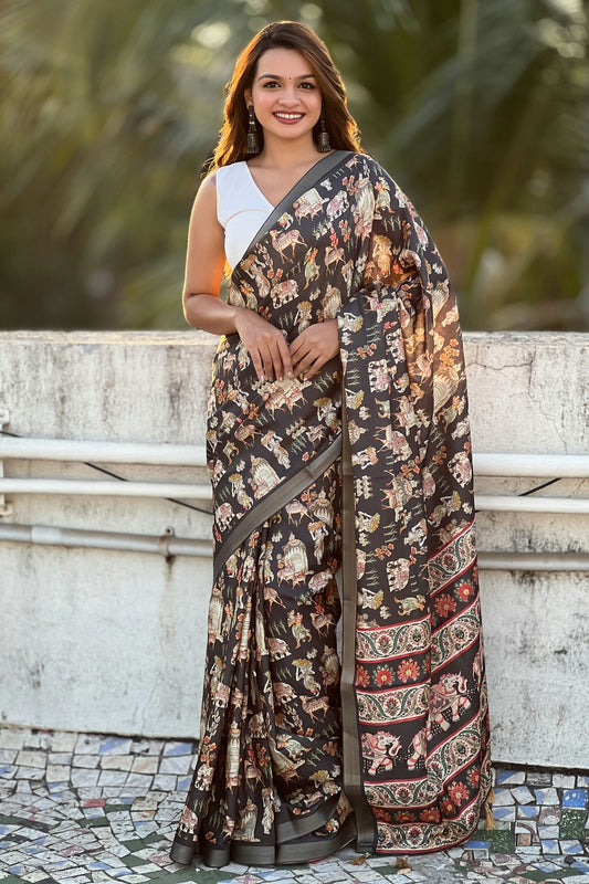 Brown Colour Tussar Silk Traditional Saree