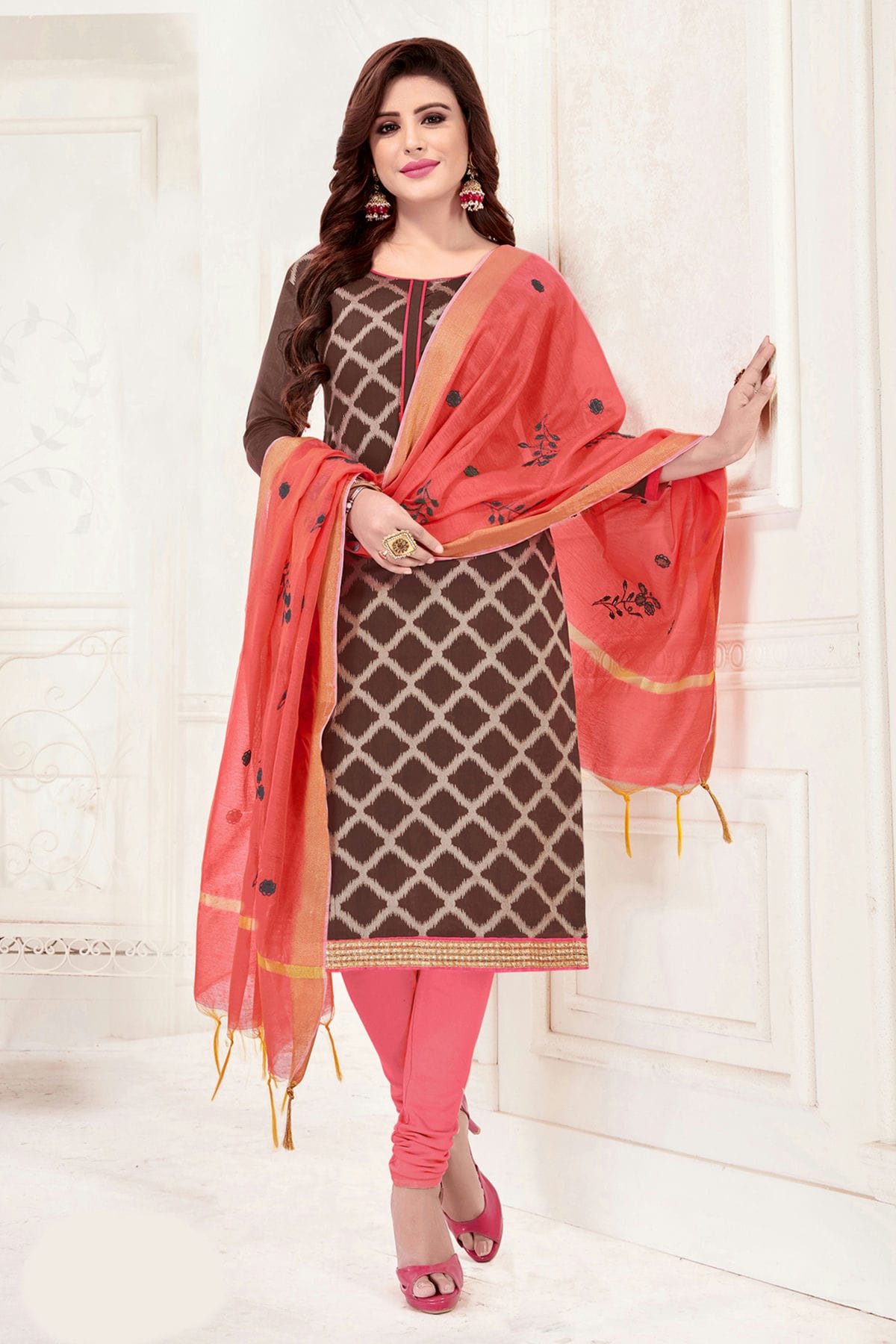 Brown Colour Unstitched Banarasi Jacquard Churidar Suit