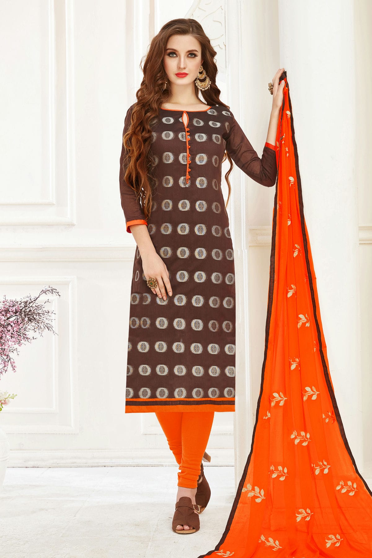 Brown Colour Unstitched Banarasi Jacquard Churidar Suit