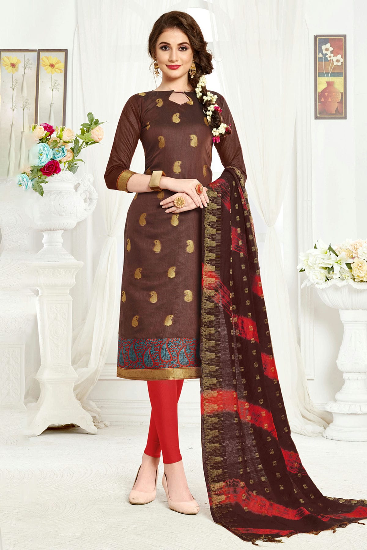 Brown Colour Unstitched Banarasi Silk Straight Suit