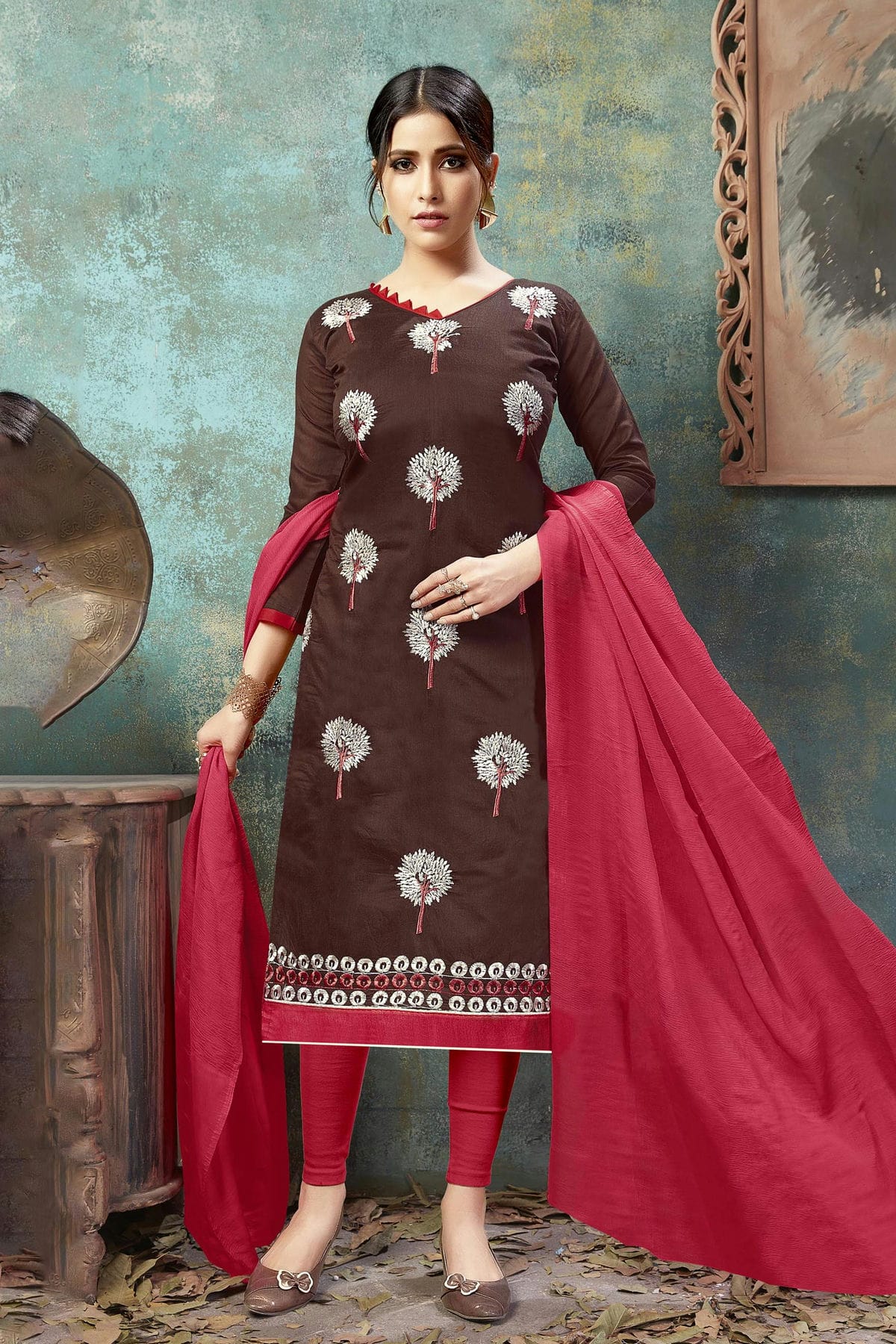 Brown Colour Unstitched Chanderi Cotton Straight Suit