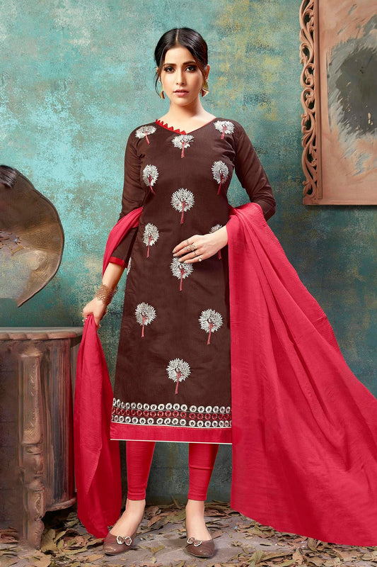 Brown Colour Unstitched Chanderi Cotton Straight Suit