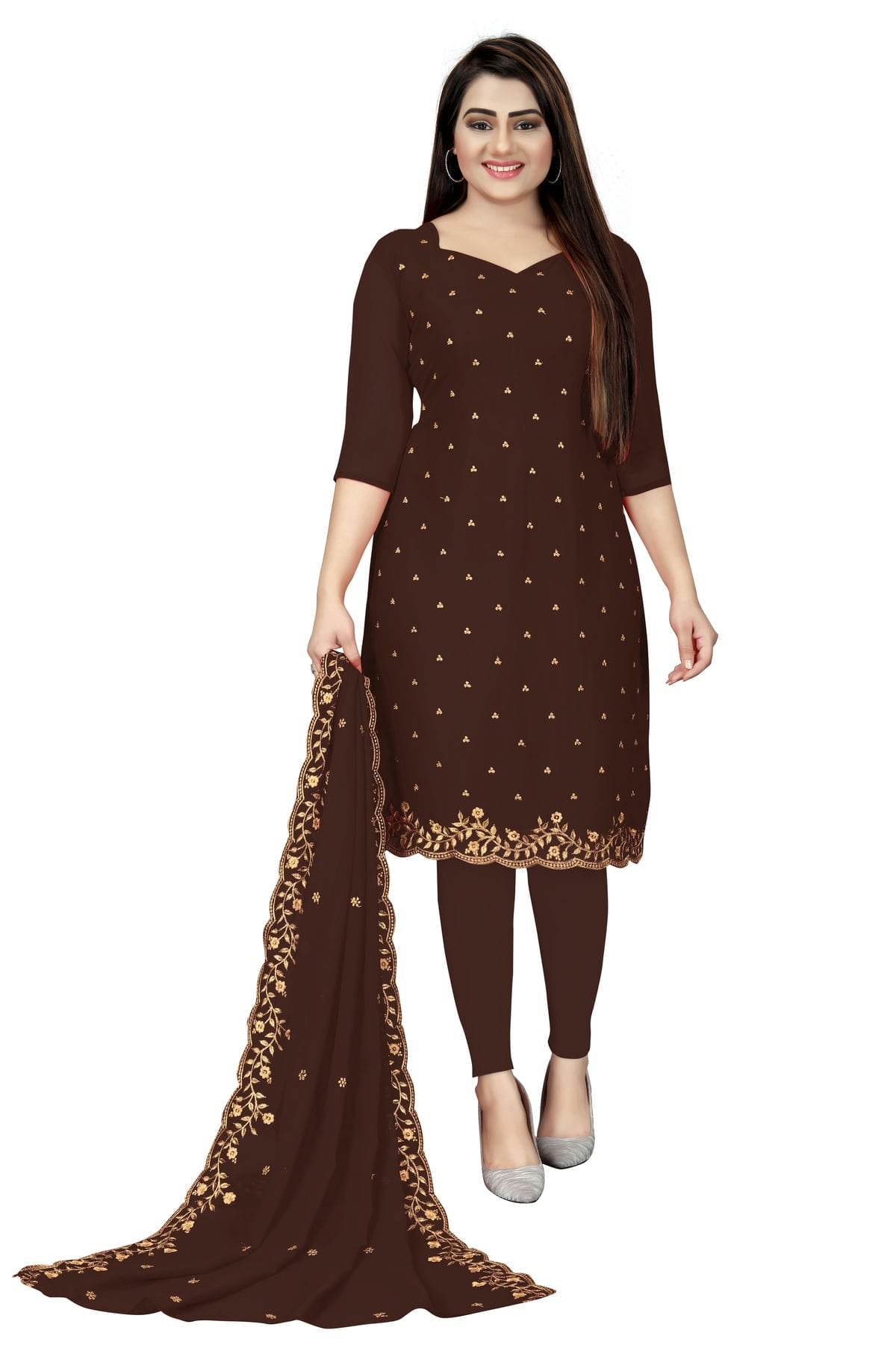 Brown Colour Unstitched Georgette Straight Suit