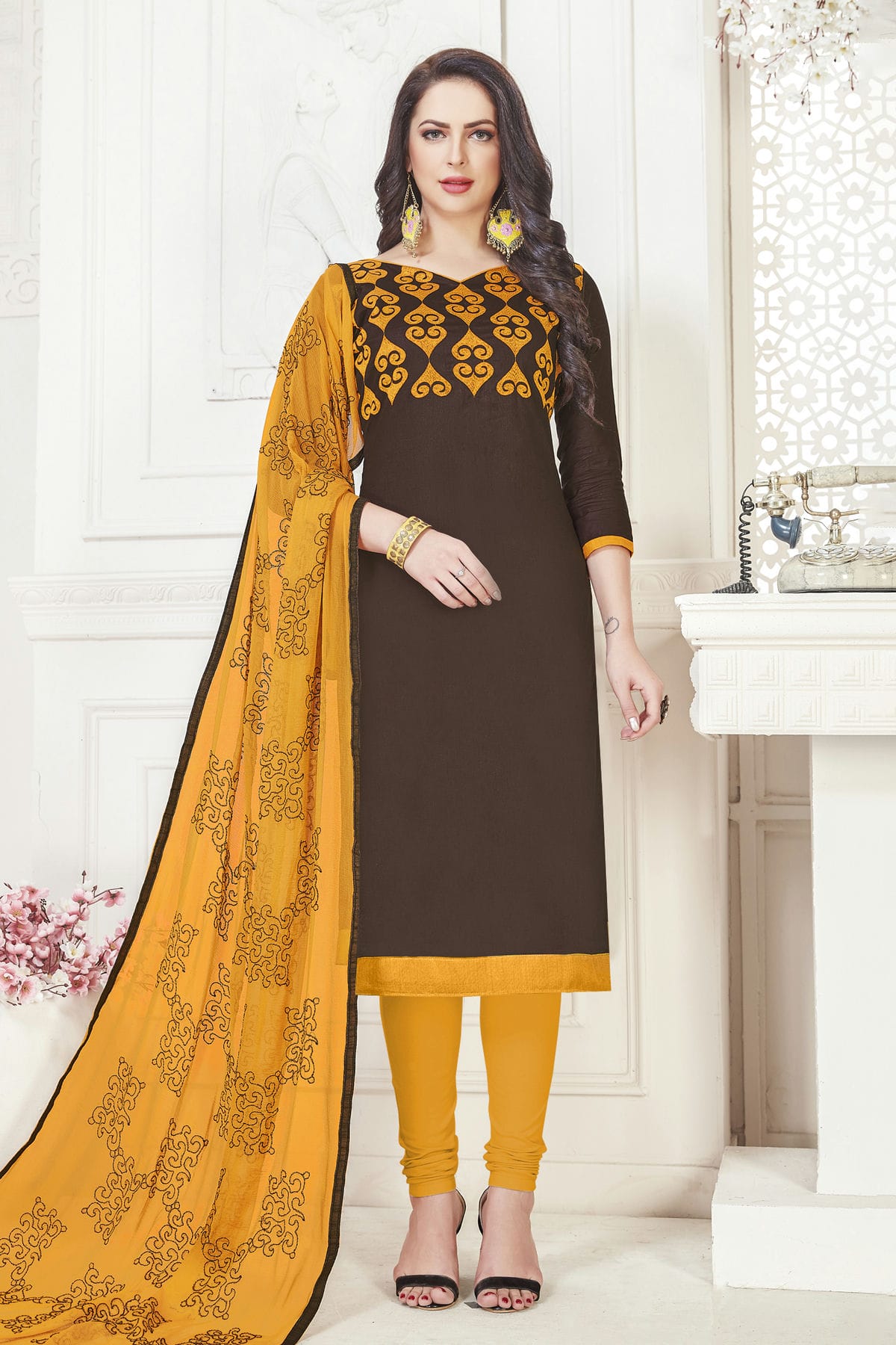 Brown Colour Unstitched Glace Cotton Churidar Suit