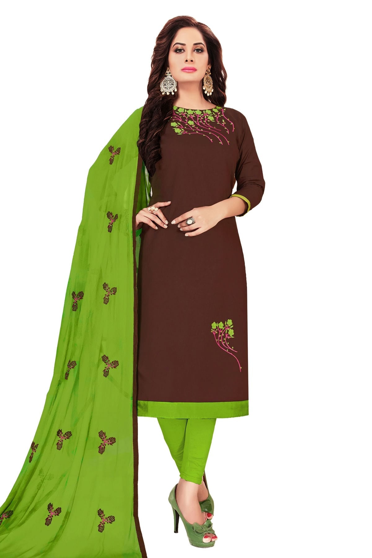 Brown Colour Unstitched Glass Cotton Churidar Suit