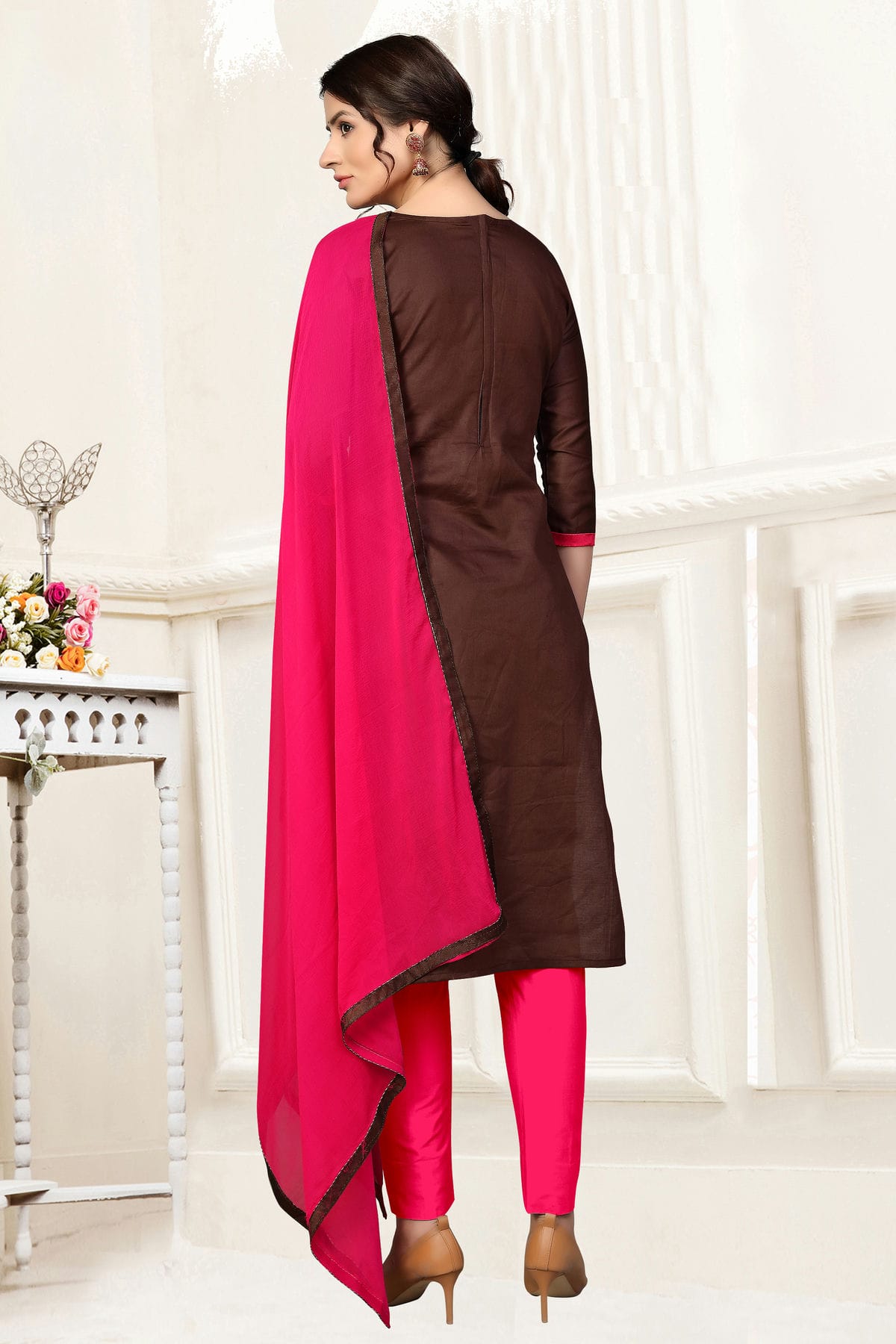 Brown Colour Unstitched Glass Cotton Straight Suit