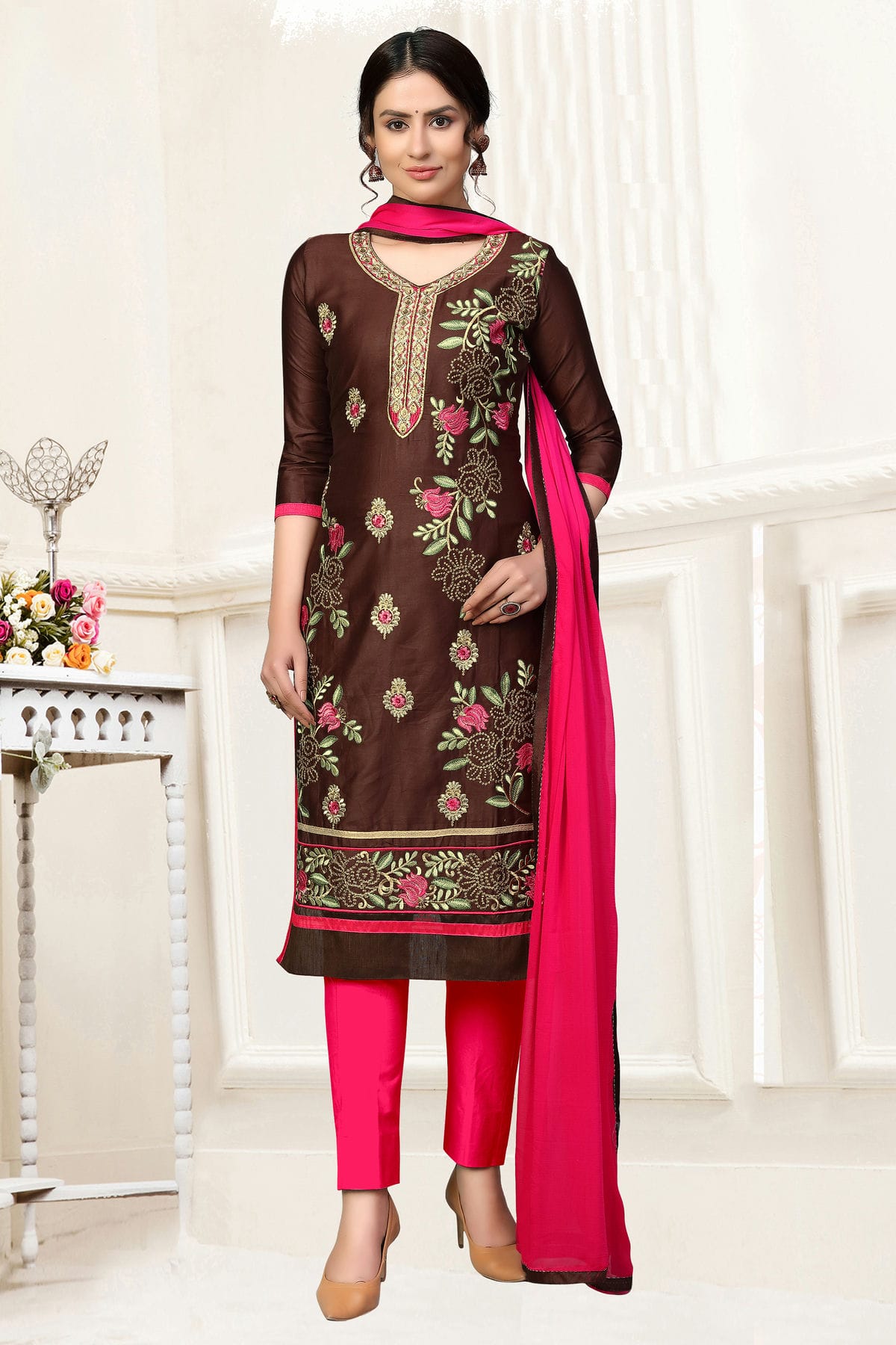 Brown Colour Unstitched Glass Cotton Straight Suit